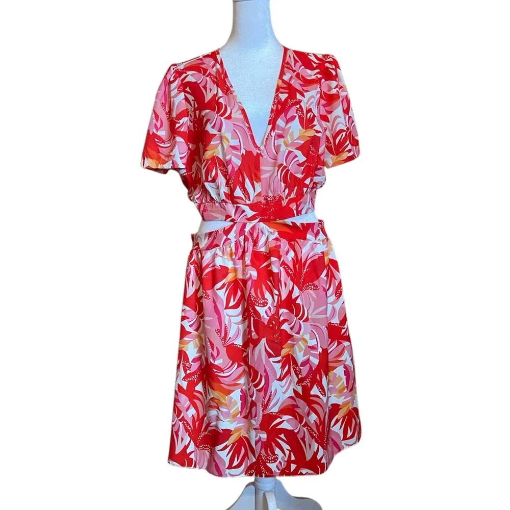 Red Tropical Floral V-neck Dress with Cut outs Size Large - Picture 6 of 9